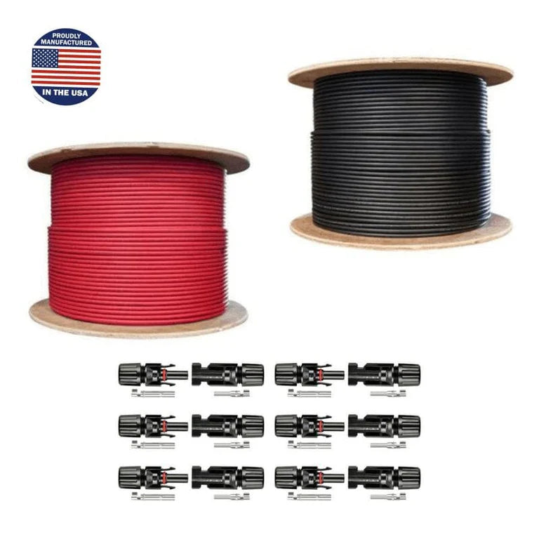 2 x 500 Ft. PV Reel Kit (Red & Black) + PV Connector Ends | 1,000 Ft. PV Extension Wire 600V | Includes PV Connector Ends