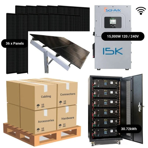14.76kW Complete Solar Power System - Sol-Ark 15K + [28.6kWh-30.72kWh Lithium Battery Bank] + 36 x 410W Mono Solar Panels + Schematic [HPK-MAX]