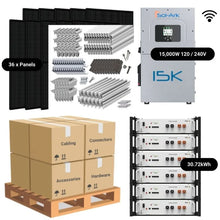 Load image into Gallery viewer, 14.76kW Complete Solar Power System - Sol-Ark 15K + [28.6kWh-30.72kWh Lithium Battery Bank] + 36 x 410W Mono Solar Panels + Schematic [HPK-MAX]