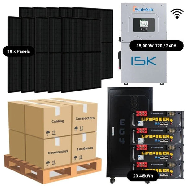 7.38kW Complete Solar Power System - Sol-Ark 15K + [20.48kWh - 28.6kWh Lithium Battery Bank] + 18 x 410W Mono Solar Panels + Schematic [HPK-PLUS]