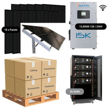 Load image into Gallery viewer, 7.38kW Complete Solar Power System - Sol-Ark 15K + [20.48kWh - 28.6kWh Lithium Battery Bank] + 18 x 410W Mono Solar Panels + Schematic [HPK-PLUS]