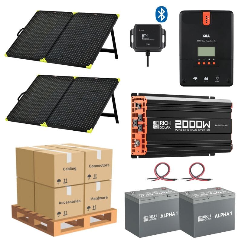 Complete Solar Panel Kit - 2,000W Pure Sine Wave Inverter + [12V Battery Bank] + 2 x 200W Mono Solar Panels | Off-Grid, Mobile, Backup [LPK-PLUS]