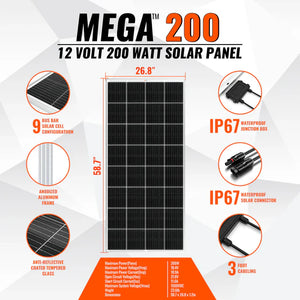 200 Watt Solar Panel | High Efficiency 12V Monocrystalline (19.98% Efficiency) | 25-Year Power Output Warranty