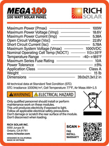 MEGA 100 | 100 Watt Solar Panel | Premier 12V Off-Grid Solar Panel for Vans, Campers, Boats | 25-Year Output Warranty | UL Certified