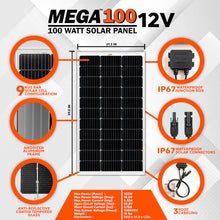Load image into Gallery viewer, MEGA 100 | 100 Watt Solar Panel | Premier 12V Off-Grid Solar Panel for Vans, Campers, Boats | 25-Year Output Warranty | UL Certified