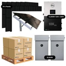 Load image into Gallery viewer, 9.84kW Complete Solar Power System - 12,000W 120/240V [28.6kWh-30.72kWh Lithium Battery Bank] 24 x 410W Mono Solar Panels + Schematic [OGK-PRO]