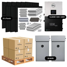 Load image into Gallery viewer, 9.84kW Complete Solar Power System - 12,000W 120/240V [28.6kWh-30.72kWh Lithium Battery Bank] 24 x 410W Mono Solar Panels + Schematic [OGK-PRO]