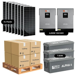 Complete Off-Grid Solar Kit - 6,000W 120V/240V Output [5.12kWh-7.68kWh Battery Bank] + 8 x 200W Solar Panels | Off-Grid, Mobile, Backup [RPK-MAX]